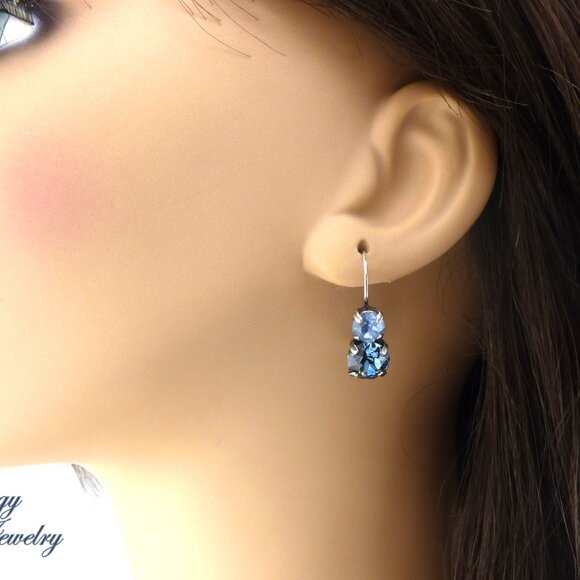 Denim Blue and Denim Ignite Double Drop Austrian Crystal Earrings - Picture 6 of 6